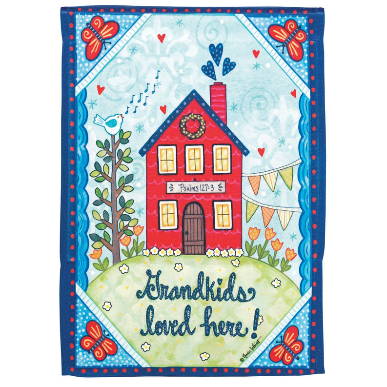 Decorative garden house flag reading 'Grandkids loved here!' with hearts and butterflies