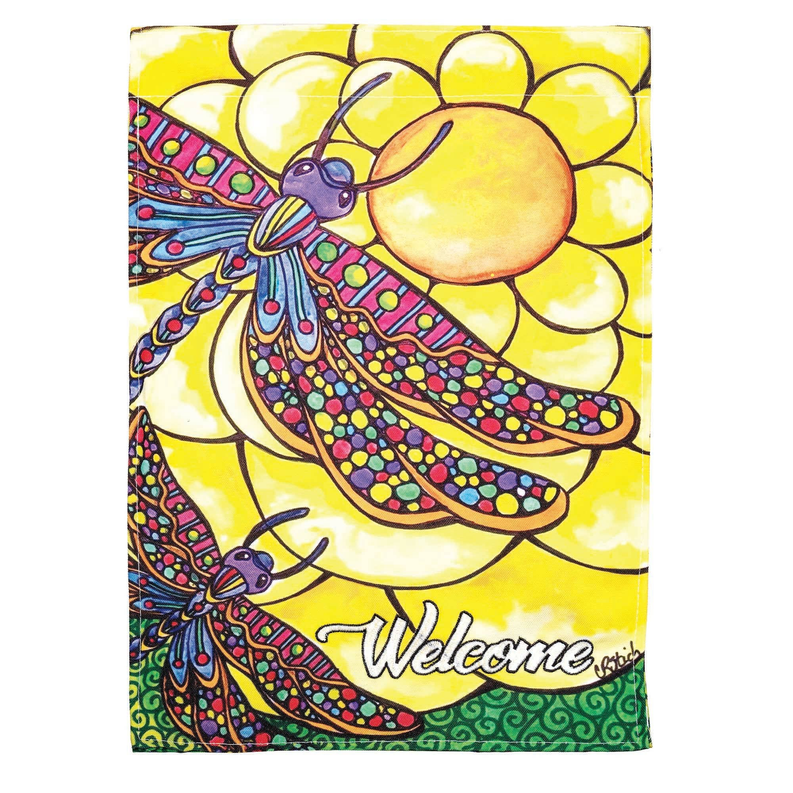 Welcome garden flag with two applique dragonflies, yellow fabric and green border