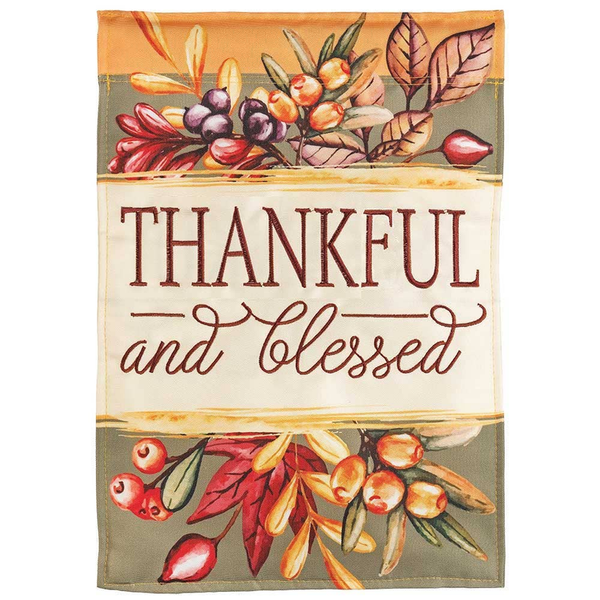 Decorative fabric flag with floral leaf applique and text "THANKFUL and Blessed"