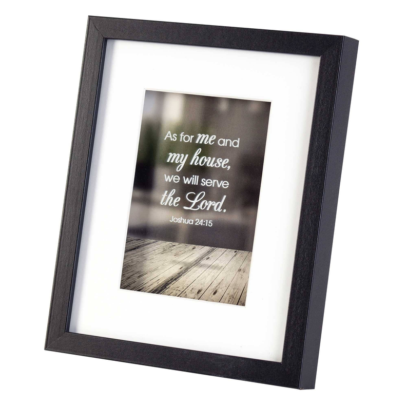 Angled framed wall art with dark gray frame, 'As for me and my house' and 'Joshua 24:15'