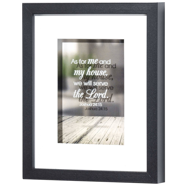 Centered framed wall art showing 'As for me and my house' and 'Joshua 24:15', dark gray frame