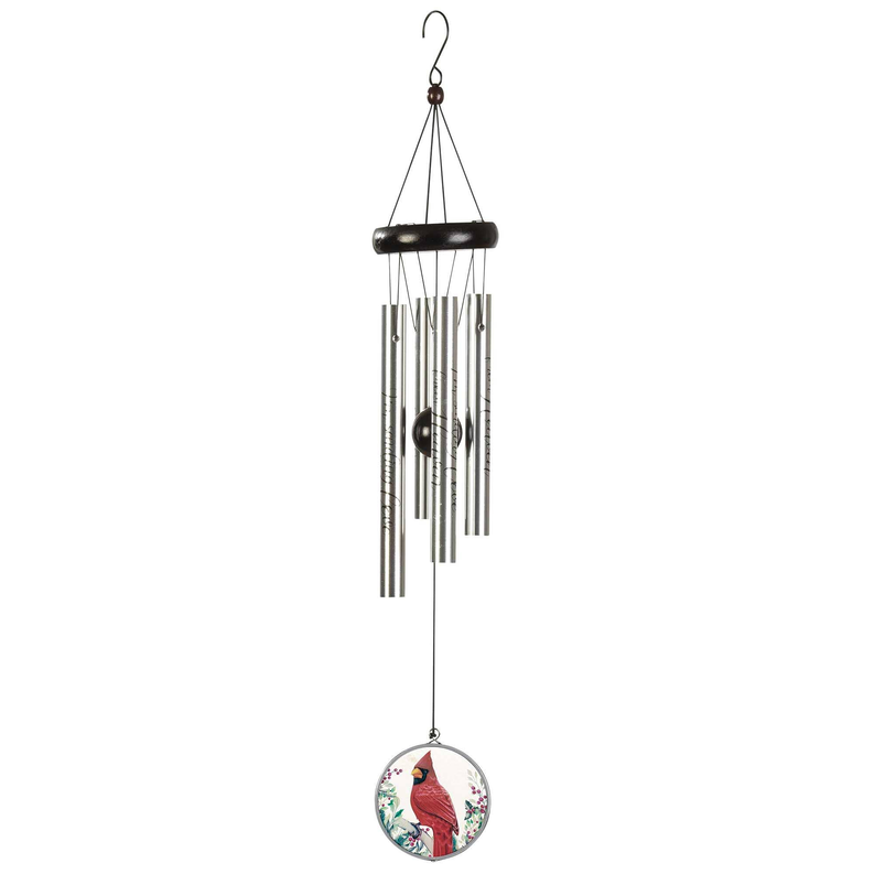 Cardinal wind chime with round decorative medallion and black hanging frame
