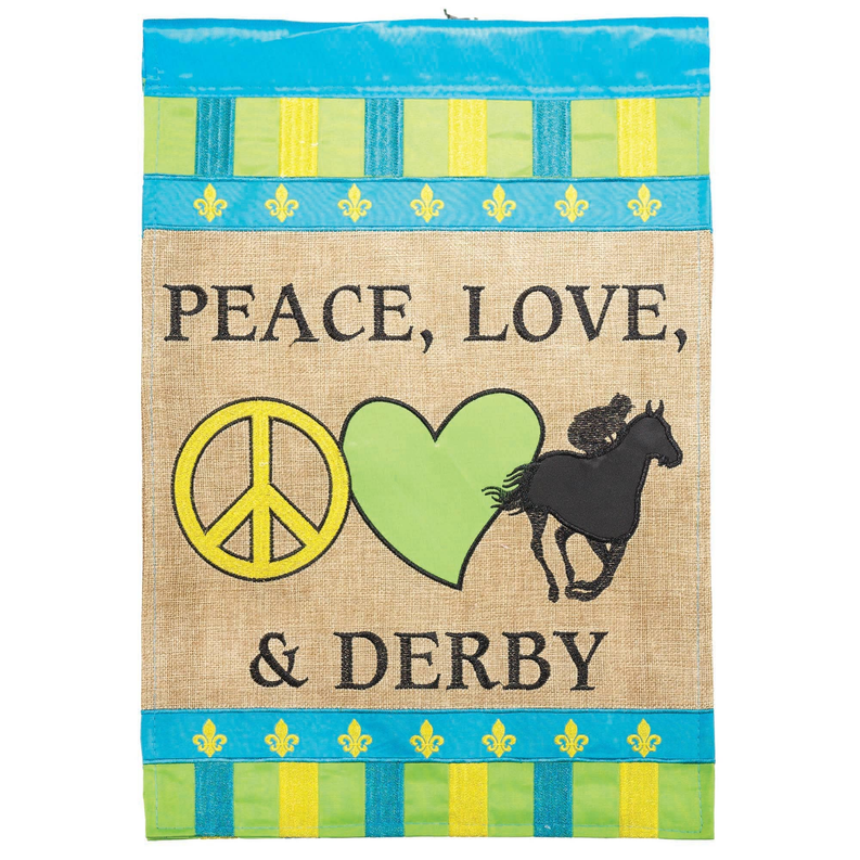 Burlap house flag: Peace Love & Derby text with peace sign, heart, and horse applique