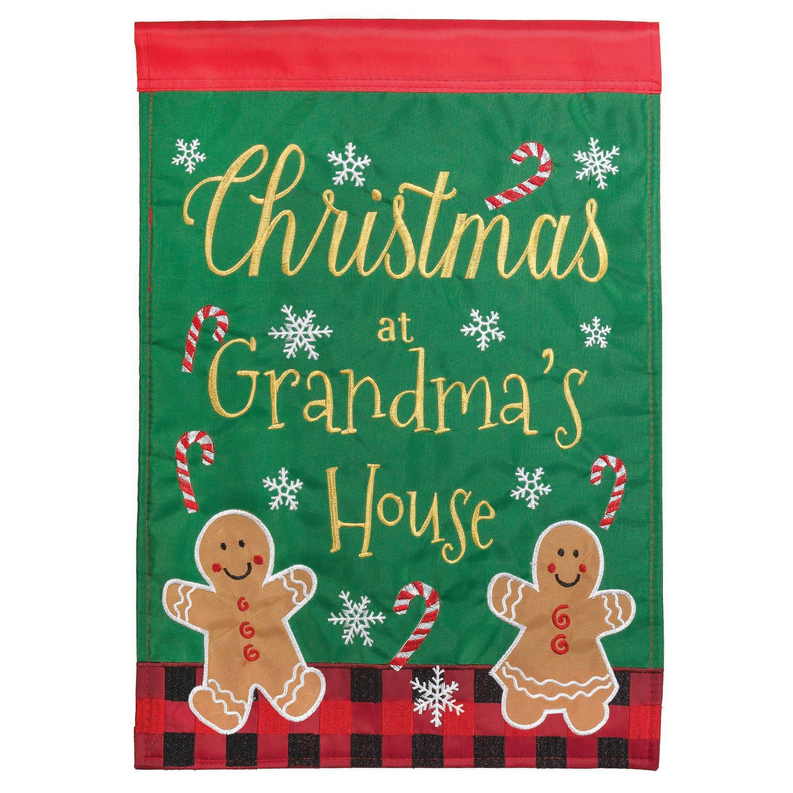 Green burlap garden flag with Christmas text, gingerbread cookies, candy canes and snowflakes