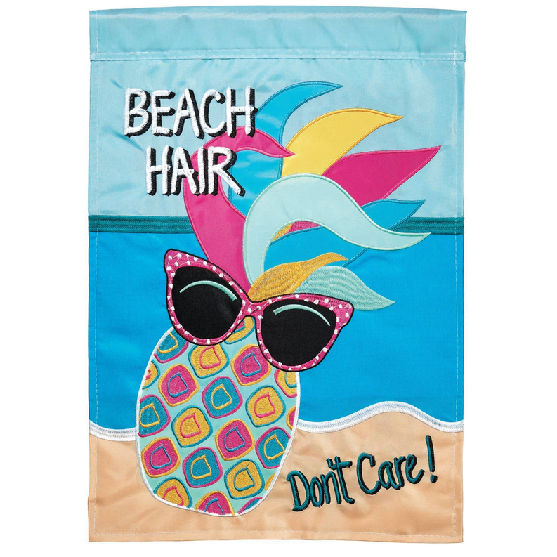 Blue applique garden flag featuring sunglasses; 'BEACH HAIR' and 'Don't Care!'