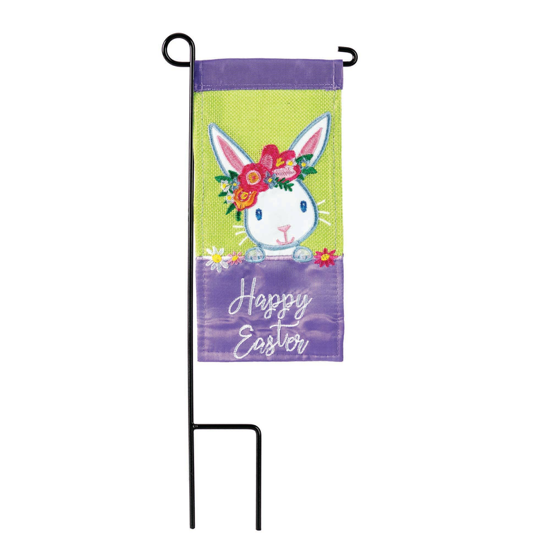 Purple burlap mini garden flag with bunny, flowers, and “Happy Easter” text