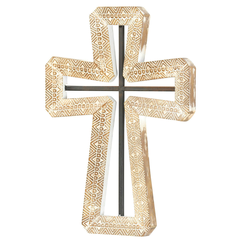 Geometric wall cross with gold-and-cream border and dark metal center