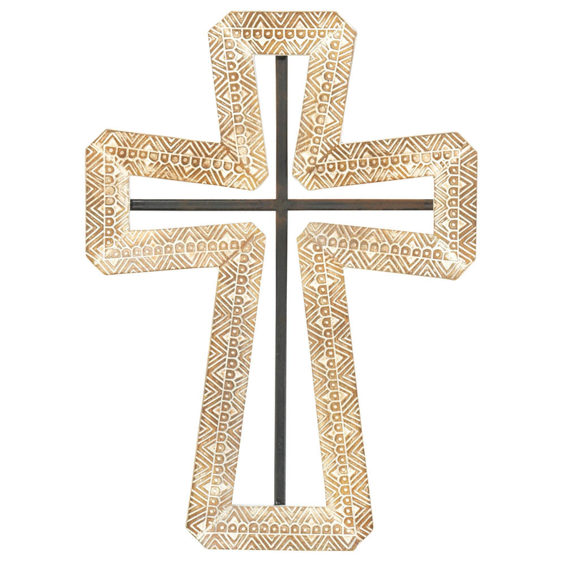 Wall cross ornament with geometric frame, cream insets, and dark metal bars