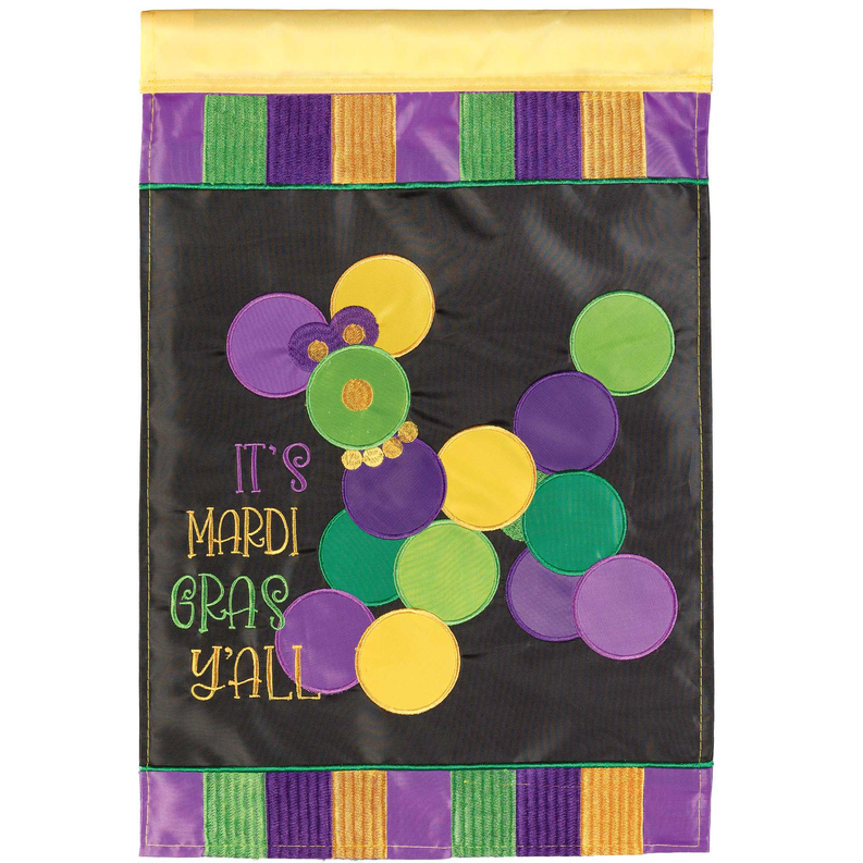 Mardi Gras dog flag with bead ornaments, striped border, and "IT'S MARDI GRAS Y'ALL"