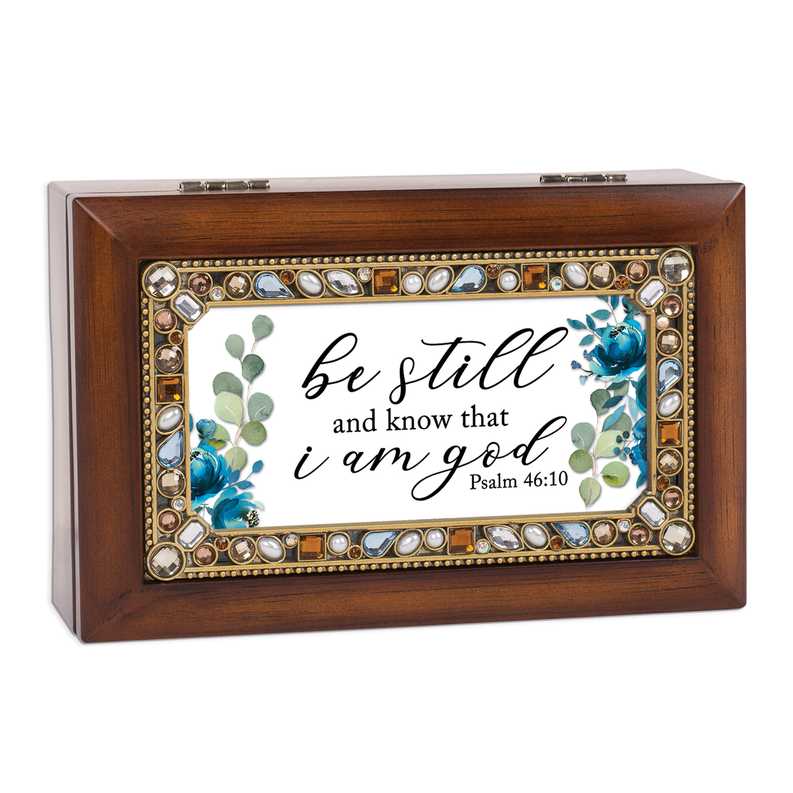 Wooden music box with jeweled border, blue floral corners, 'be still' Psalm 46:10
