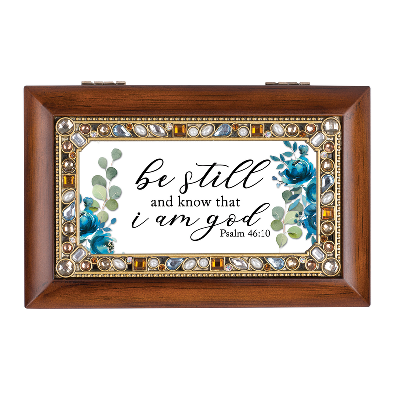 Wooden jeweled music box with gemstone trim, 'be still' Psalm 46:10 and blue flowers