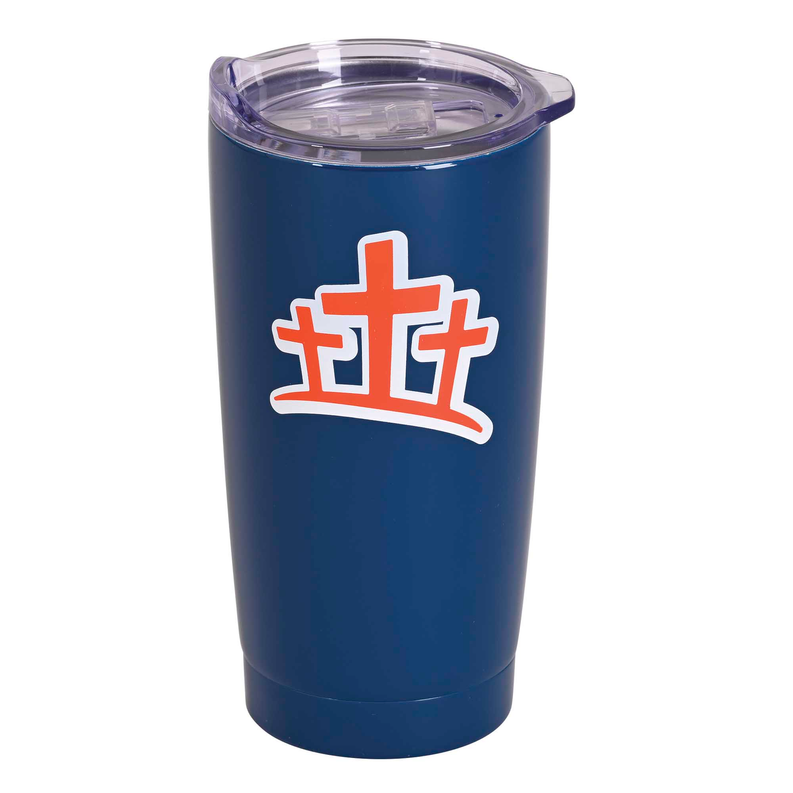 Navy 20 oz tumbler with orange cross graphic and clear rotating lid