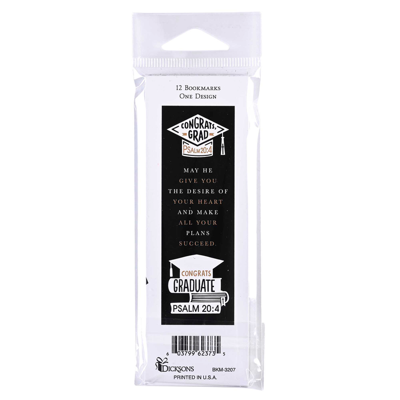 Clear sleeve labeled '12 bookmarks, one design' for graduation bookmarks with Psalm 20:4