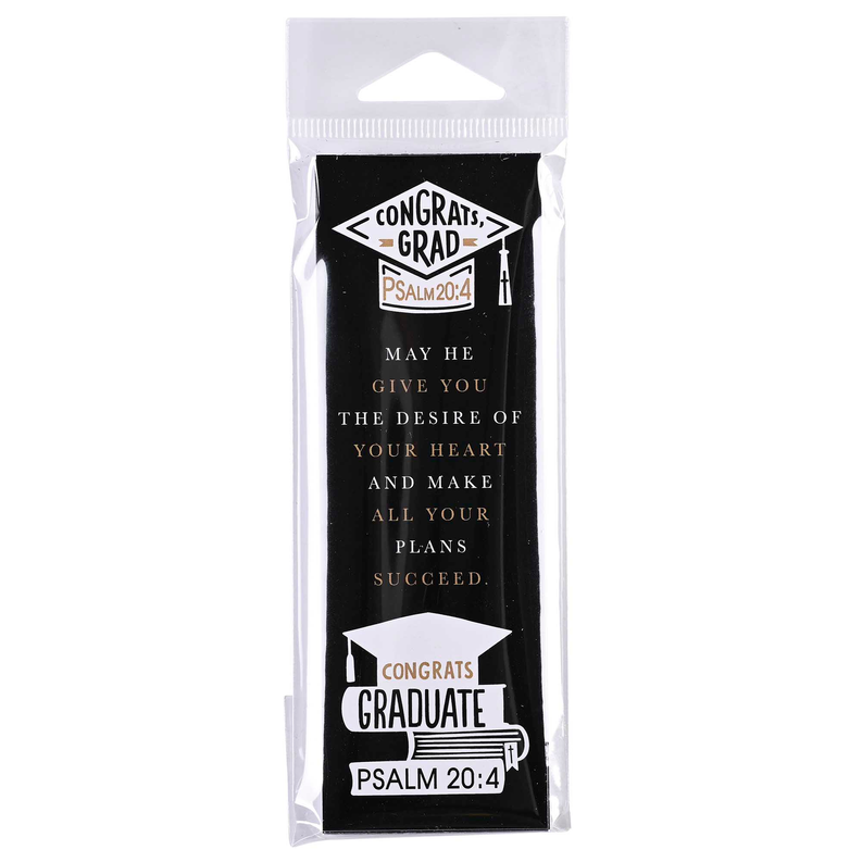 Clear sleeve of graduation bookmarks with black 'Congrats Grad' and 'Psalm 20:4' design