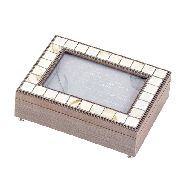 Wood music box with mosaic tile frame and printed prayer message under clear window