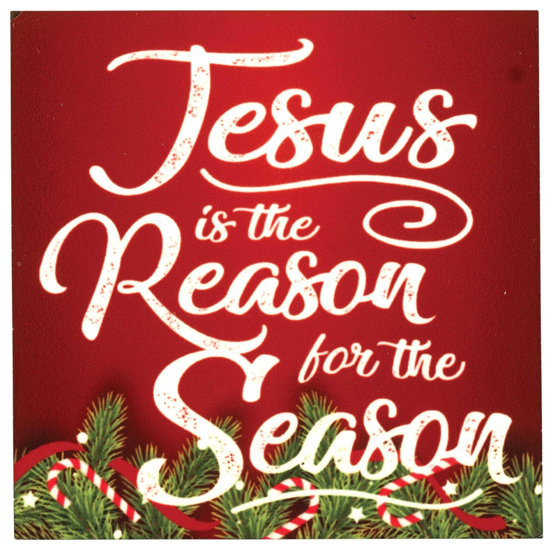 Hardboard magnet with red design and white script text: Jesus is the Reason for the Season