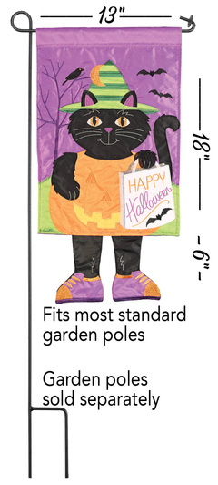 Halloween garden flag with a smiling black cat holding a "Happy Halloween" sign