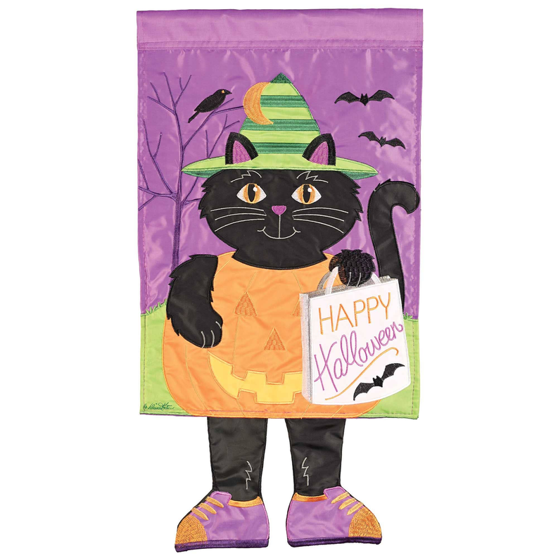 Halloween decorative garden flag featuring a black cat with "Happy Halloween" message
