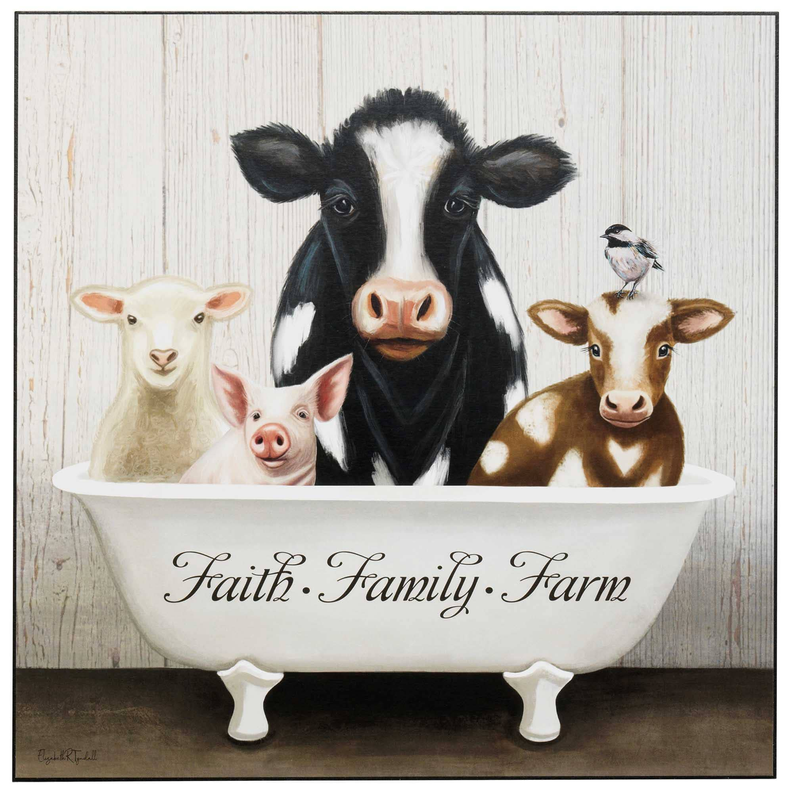 Framed farm wall plaque with cow, goats, pig and bird above white tub text 'Faith Family Farm'.