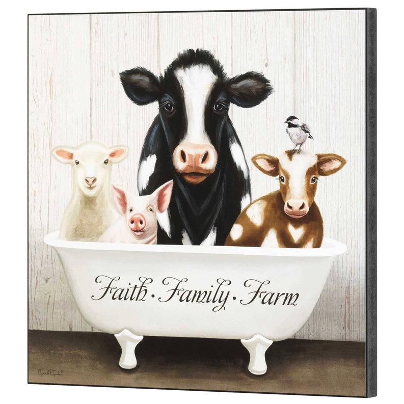 Framed farm wall plaque showing cow and goats around white tub with 'Faith Family Farm' script.