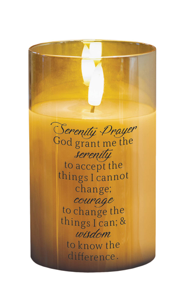Gold LED prayer candle close-up showing Serenity Prayer text inside the glass