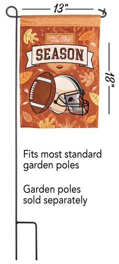Football-themed orange garden flag with 'Tis The Season' banner and helmet graphics