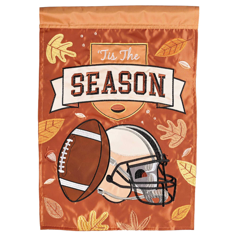 Orange football garden flag with 'Tis The Season' sign, helmet and leaf graphics