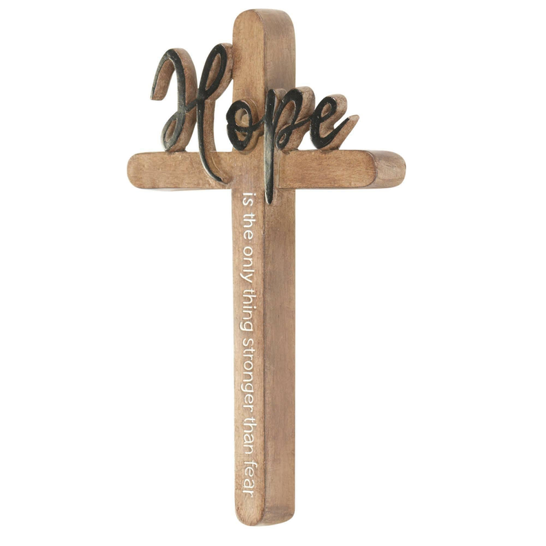 Wall cross resin plaque with rustic wood tone, Hope script, and vertical quote