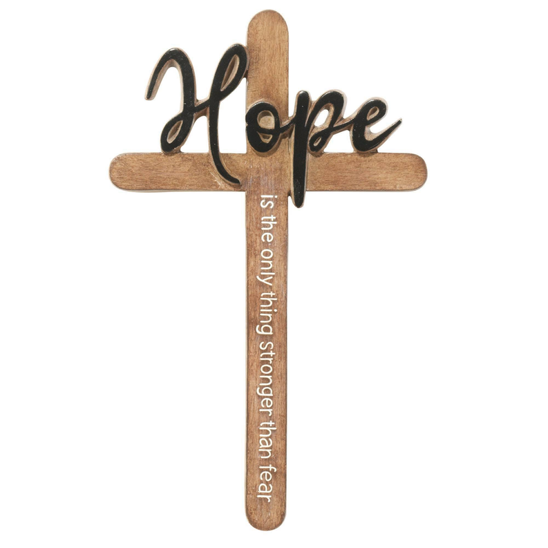 Wall cross resin plaque with Hope script and vertical quote, close view on cross top