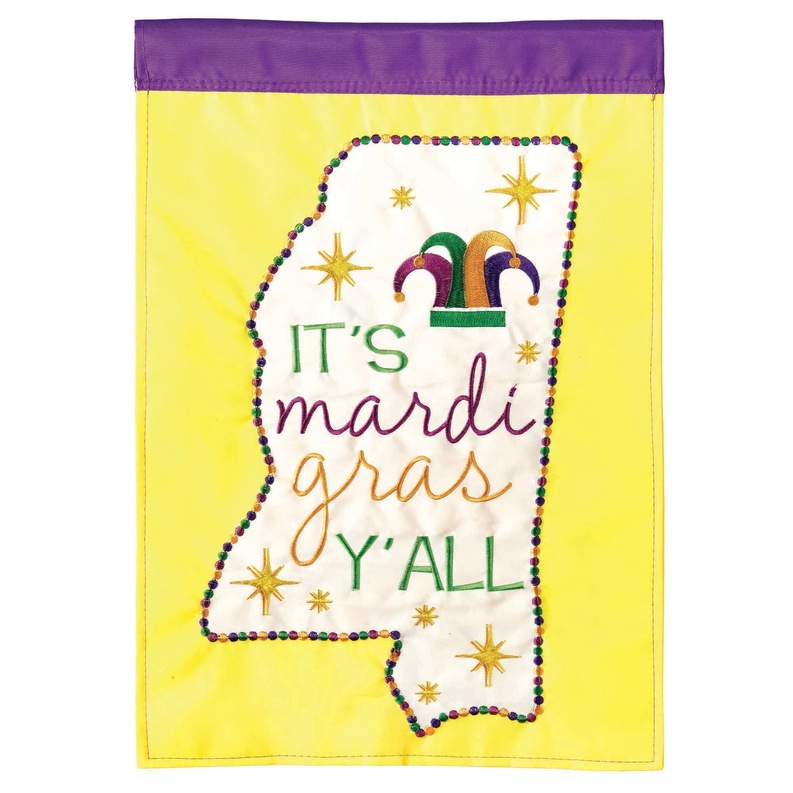Yellow Mardi Gras decorative house flag with purple header and beads, reads "It’s mardi gras y'all"