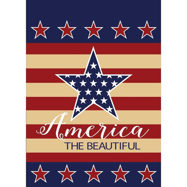 American flag with blue star, red-white stripes, and "America The Beautiful" text