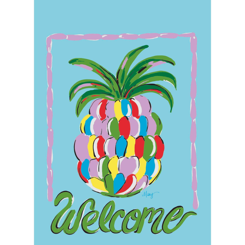 Garden welcome pineapple flag with colorful lights and green script 'welcome'