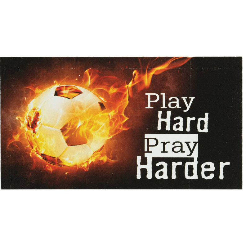 Vinyl soccer magnet with fiery soccer ball and text "Play Hard Pray".