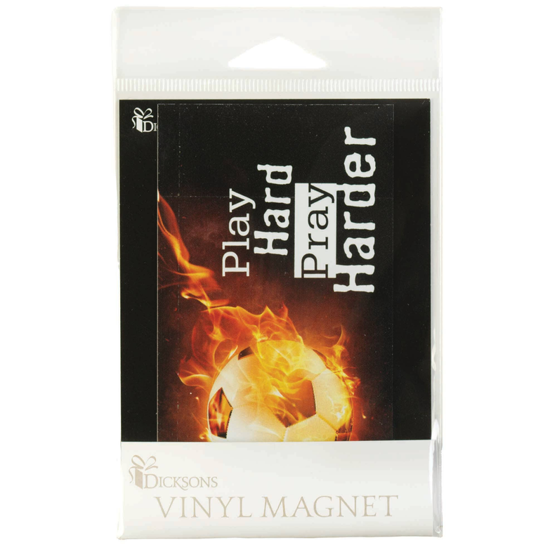 Vinyl soccer magnet in package with flaming soccer ball and "Play Hard Pray" text.
