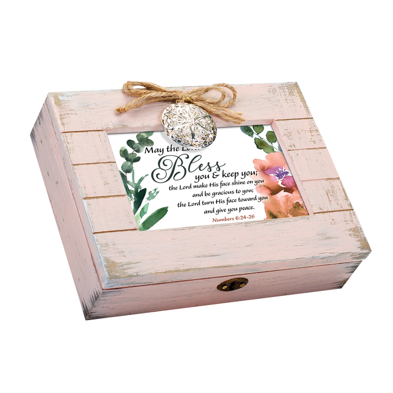Pink distressed wooden music box with locket medallion, floral verse insert, and brass latch.