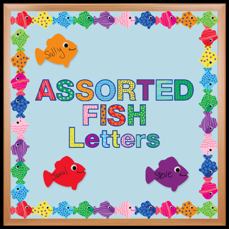 Framed craft display reading 'Assorted Fish Letters' with colorful fish cutouts