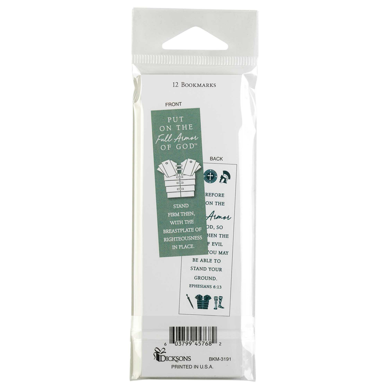 Pack of 12 green scripture bookmarks in clear wrapper, front and back verse panels.