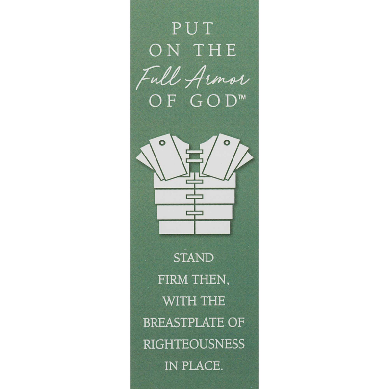 Green scripture bookmark with verse text and Bible armor icon design.