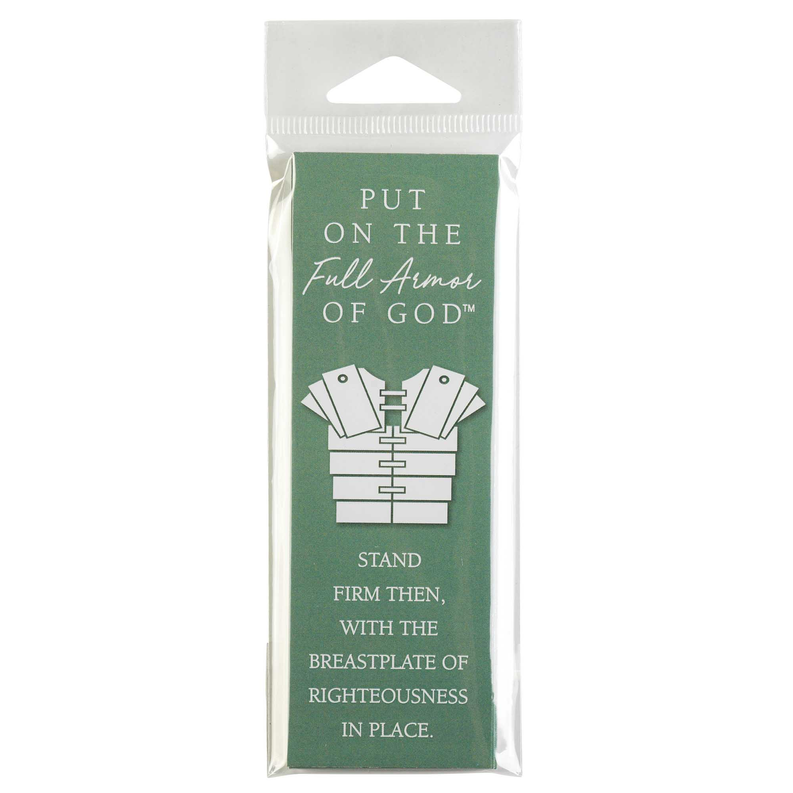 Packaged green scripture bookmark with Bible armor verse: Full Armor of God.