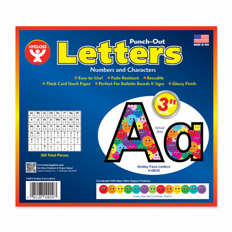 Smiley face punch-out letter set in retail package, colorful letters and numbers