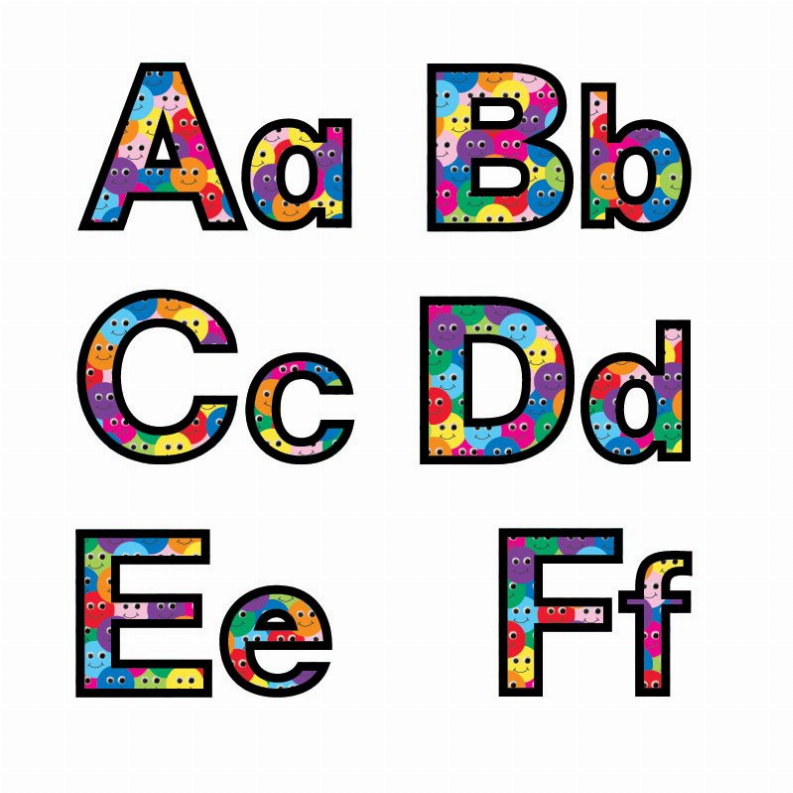 Smiley face punch-out letter cutouts, multicolor alphabet pieces