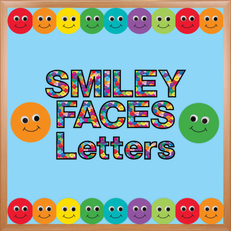 Smiley face punch-out letters on blue card inside a wooden frame