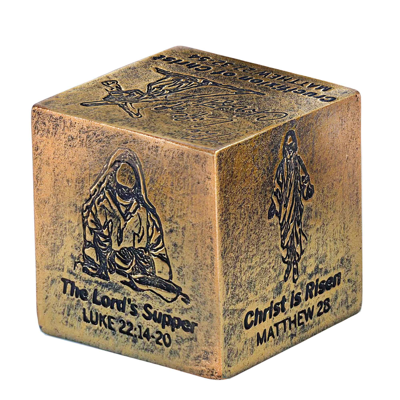 Antique gold cube with engraved figures and text: "Christ is Risen" and "The Lord's Supper"
