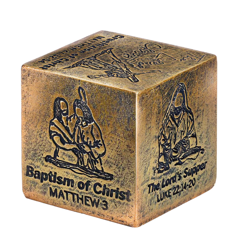 Antique gold cube with engraved figures and text: "Baptism of Christ" and "The Lord's Supper"