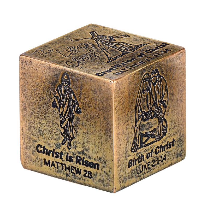 Antique gold cube with engraved figures and text: "Christ is Risen" and "Birth of Christ"