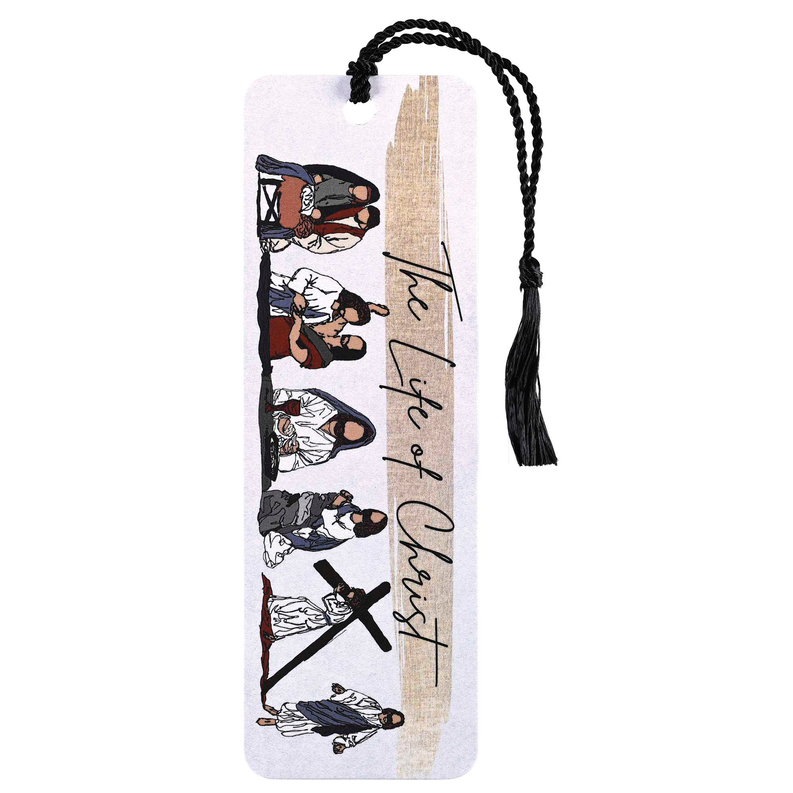 Illustrated tassel bookmark with black braided tassel and Christ scene panels