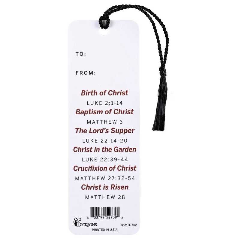 Tassel bookmark with Bible verse titles list and black braided hanging tassel