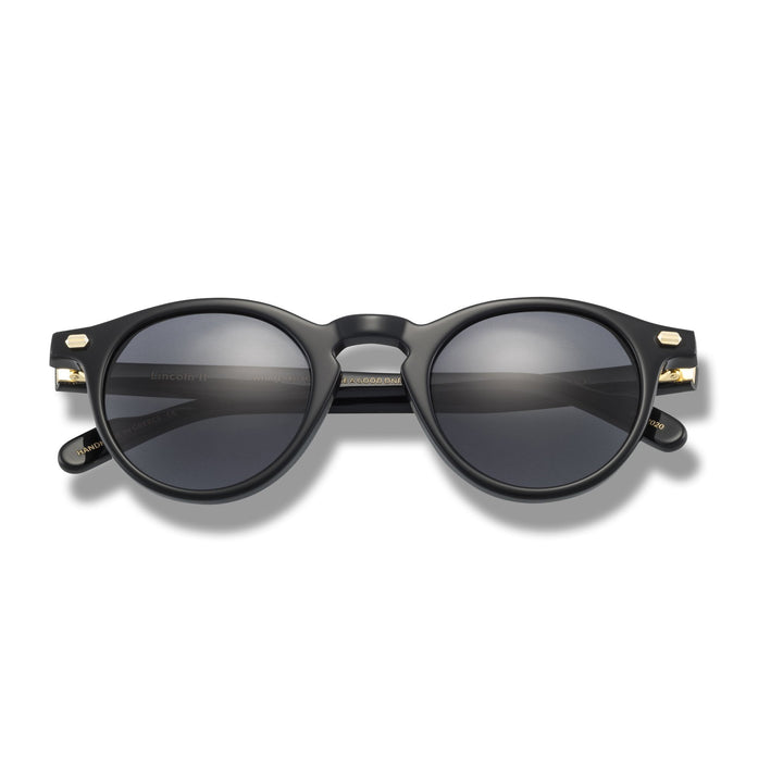 Lincoln II rich black round sunglasses with dark lenses and gold-toned hinges
