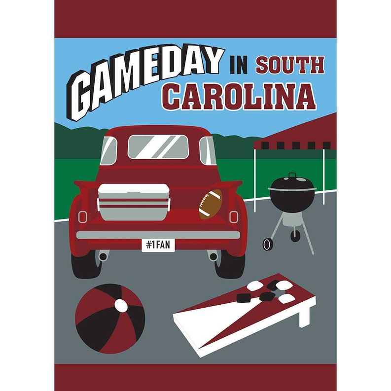Gameday garden flag with red pickup, grill, football and text "Gameday in South Carolina"