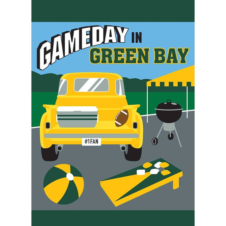 Gameday in Bay garden flag with green and gold 'Green Bay' text, football and tailgate art